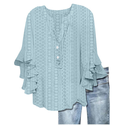 Printed Casual Trend V-neck Flounce Sleeve T-shirt